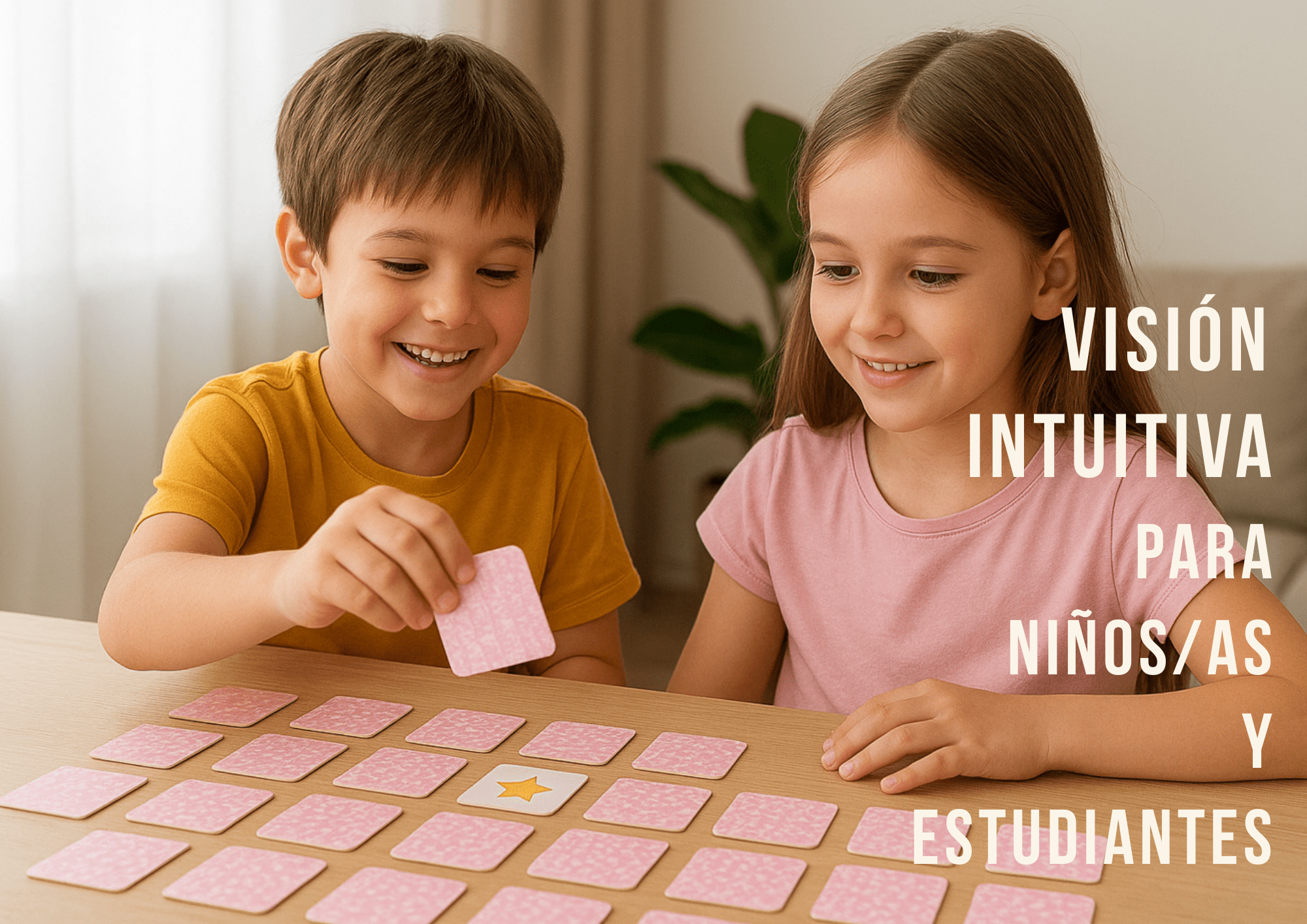 Niño sonriendo mientras juega con un memory, disfrutando del aprendizaje con calma y confianza